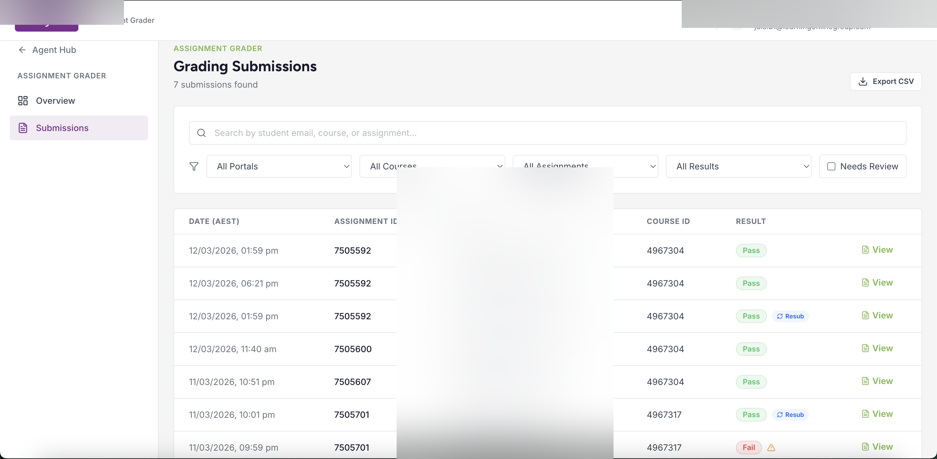 AI Grader submissions view
